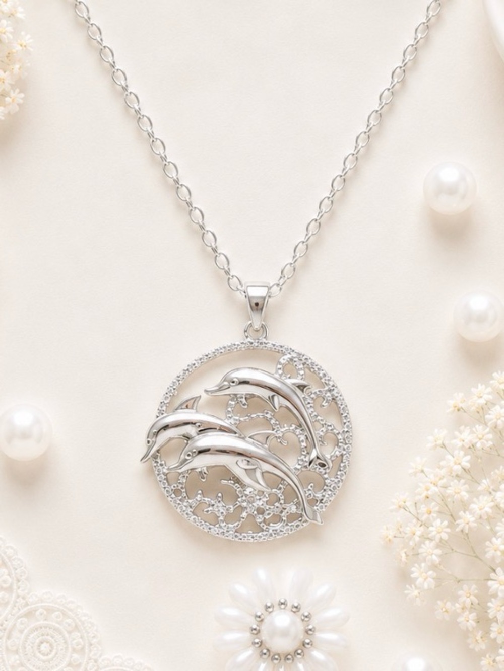 New-Silver Tone Dolphin Circle Pendant Necklace - Women's Jewelry